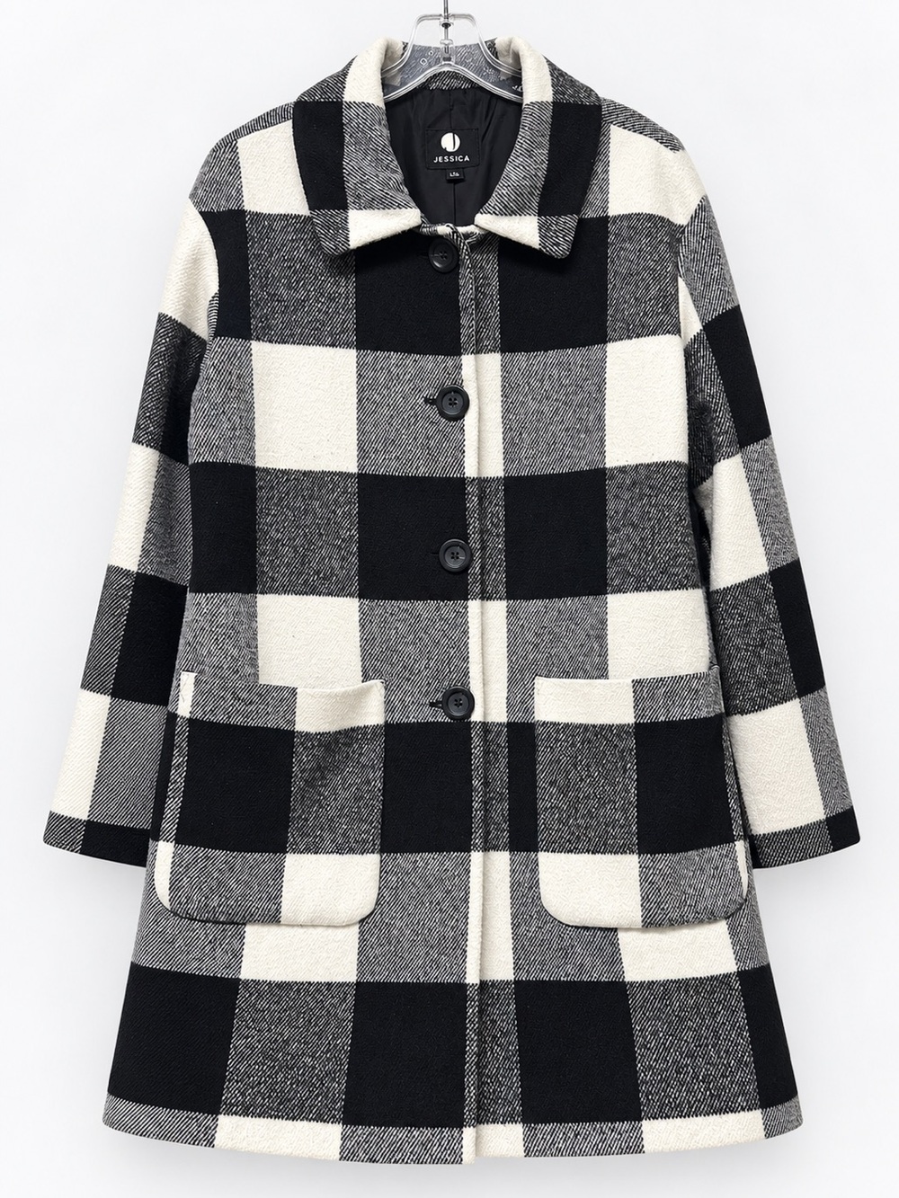 Jessica Black & White Buffalo Check Wool-Blend Coat L